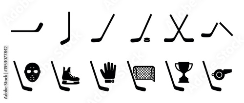 Various black silhouette ice hockey equipment icons are neatly arranged, depicting sticks, a puck, a mask, a skate, a glove, a net, a trophy, and a whistle in a clean, graphic style