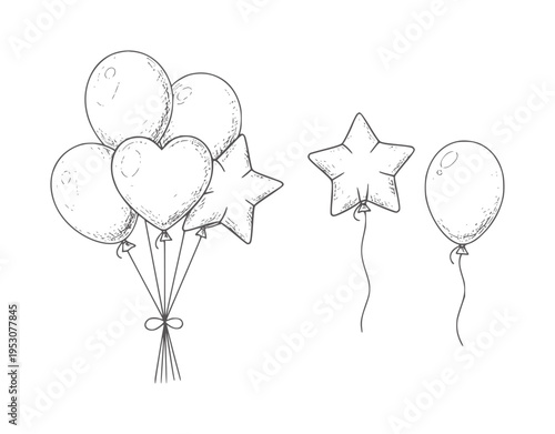 Hand drawn of assorted balloons and star shapes strings heart outline monochrome