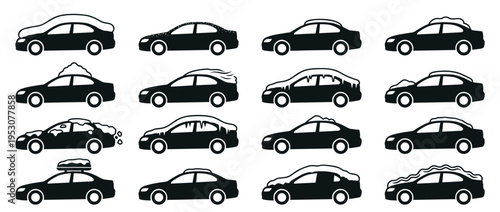 Sixteen black silhouette car icons depicting various winter conditions, including snow, ice, and frost, rendered in a graphic, illustrative style