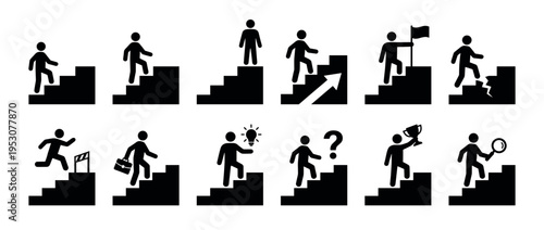 Black stick figures illustrating various conceptual progress on stairs, depicting challenges, success, ideas, and problem-solving in a graphic icon set