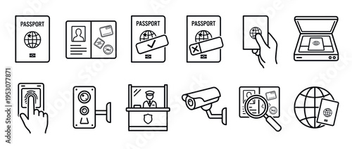 Various black outline passport and security related icons are displayed in a clean, minimalist line art style, illustrating concepts of travel, identification, and border control