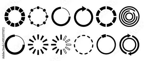 Collection of various black circular loading, buffering, and refresh icons, presented in a minimalist graphic style with diverse segmented, dotted, and arrowed designs