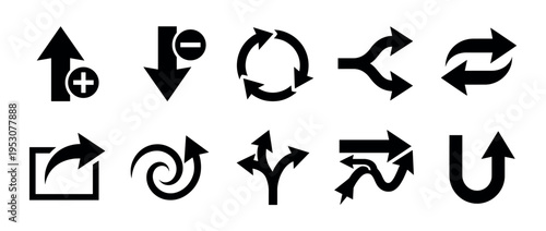 Collection of ten diverse black arrow icons, including upload, download, refresh, share, and directional symbols, presented as clean, modern vector graphics