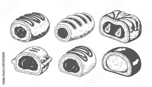 Six hand drawn pastries with dark filling and pastry swirls food baked sweet dessert