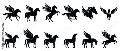 Collection of black winged horse silhouettes in various dynamic and elegant poses, depicted as mythical creatures in a vector illustration style