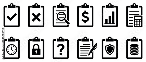 Twelve black and white clipboard icons representing various business, financial, and task management concepts in a clean, graphic vector style