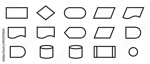 Various black outline flowchart symbols are neatly arranged in rows, illustrating common elements for process diagrams with a clean graphic style