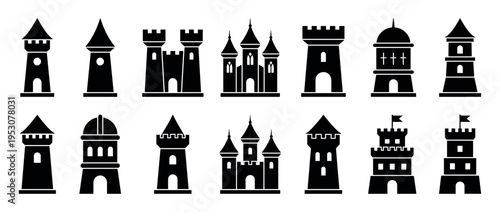 Twelve black silhouette castle and tower icons showcasing various medieval fortress designs with spires, battlements, and flags in a graphic, flat style