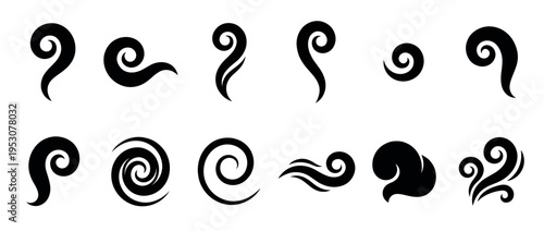Collection of black stylized swirl and curl vector elements, presented as graphic design assets with various decorative shapes and dynamic forms