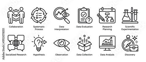 Twelve black outline icons depicting various stages of research, data analysis, and scientific discovery processes, presented in a clean, modern, and illustrative style
