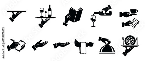 Black silhouette restaurant service icons collection illustrating various hospitality actions like serving food, pouring wine, presenting bills, and taking orders, rendered in a clean graphic style