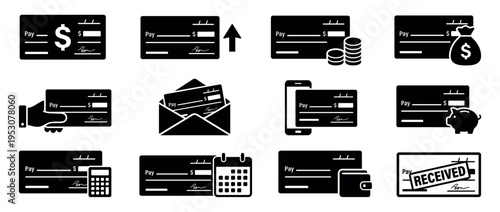 Twelve black and white payment check icons illustrating various financial transactions and banking concepts in a clean, minimalist flat design style
