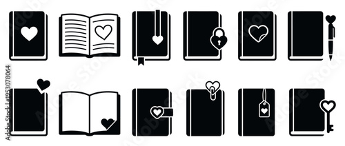 Twelve black and white book and heart icons depicting various closed and open journals with romantic symbols and accessories in a flat graphic style
