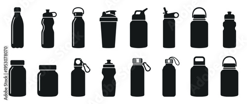 Collection of black silhouette reusable water bottles, shakers, and thermoses with diverse designs and lid types, presented as clean graphic icons