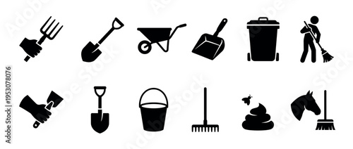 Black silhouette icons of various stable cleaning tools and equipment, including a pitchfork, shovel, wheelbarrow, rake, bucket, and horse manure, presented in a clean, graphic style