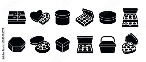 Various black silhouette gift and chocolate box icons, including heart-shaped and rectangular designs, are displayed in a clean, minimalist, and graphic flat design style