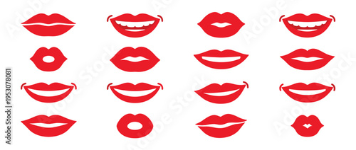 Sixteen red graphic lip icons are arranged in a grid, showcasing various mouth expressions from smiling to puckered, in a clean, modern vector style