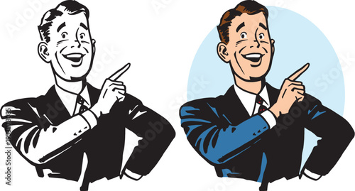 A vintage retro cartoon of a businessman pointing at something interesting. 