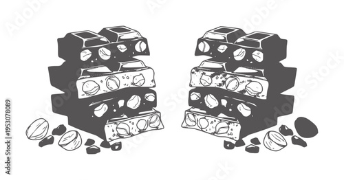 Stacked chocolate bars with nuts and scattered nuts