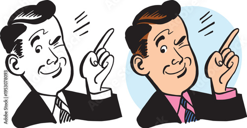 A vintage retro cartoon of a businessman pointing at something interesting. 