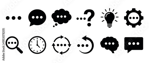 Black vector icon set featuring ellipsis symbols within various shapes like speech bubbles, a light bulb, a gear, and a magnifying glass, presented in a clean, flat design style