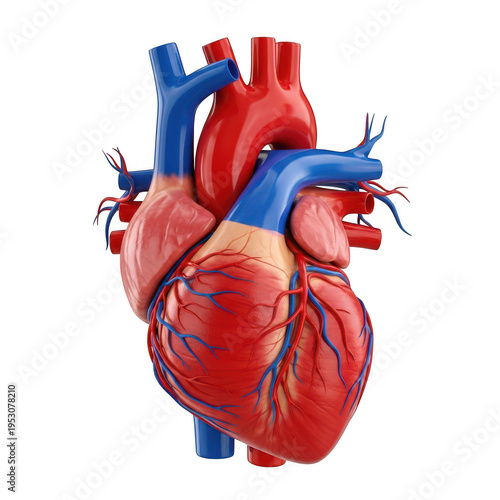 Detailed human heart anatomy with major blood vessels and chambers isolated on transparent background