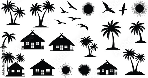 Tropical island silhouette icons isolated on transparent background