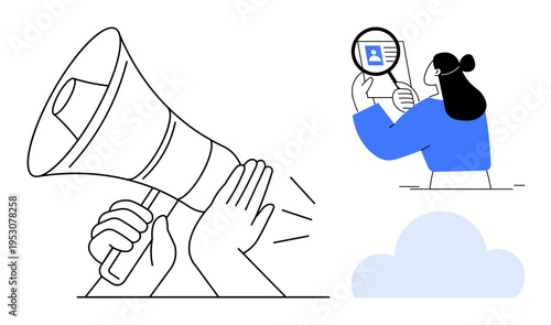 Advocacy concept. Advocacy with a megaphone, review of information, and ID verification. Advocacy s promoting awareness, verifying identities, and data security. For campaigns, activism data