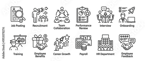 Comprehensive set of human resources line icons illustrating various business concepts and HR processes in a minimalist black and white style