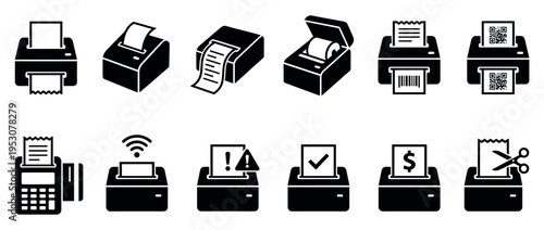 Collection of black receipt printer icons in various styles, depicting thermal printing, POS systems, and transaction processes with symbols