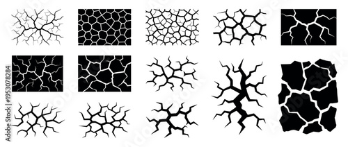 Various black and white crack patterns are displayed in a graphic collection, featuring intricate branching designs and polygonal shapes, illustrating concepts of damage and dryness