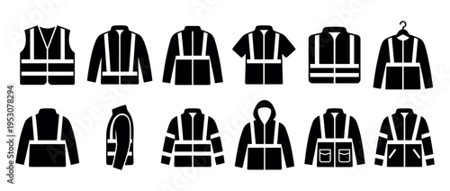Black silhouette safety clothing icons featuring various high-visibility vests and jackets with reflective strips in a clean, iconic style