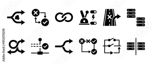 Black glyph icons illustrating process flow, decision making, and data management concepts are presented in a clean, minimalist style
