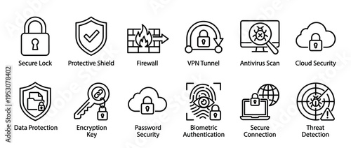 Eleven outline cybersecurity and data protection icons, illustrating concepts like secure lock, firewall, VPN, antivirus, and biometric authentication in a clean, modern style