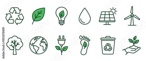 Twelve green line ecology and sustainability icons representing environmental protection, renewable energy, and nature conservation in a clean, modern vector style