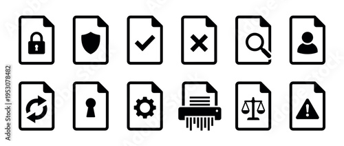 Twelve black and white conceptual document icons representing various data management, security, and legal processes in a clean, graphic style