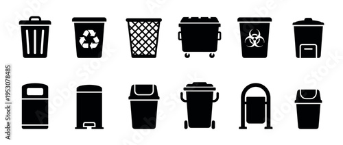 Various black silhouette trash cans and recycling bins are displayed as a comprehensive collection of clean, modern waste disposal icons