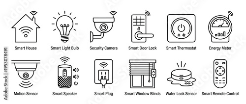 Twelve black line art smart home device icons showcasing various connected technology elements like security cameras, thermostats, and smart plugs in a clean, modern style