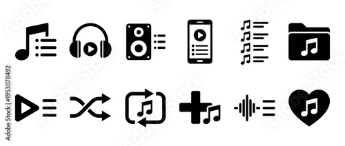 Twelve black glyph music and audio interface icons are neatly arranged in a modern digital style, depicting various entertainment functions and symbols