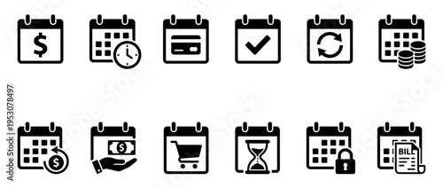 Various black glyph calendar icons illustrate financial planning and time management, featuring symbols for payments, deadlines, shopping, and security in a clean, modern design