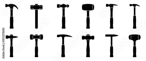 Diverse collection of twelve black hammer silhouettes, showcasing various tool designs and shapes in a clean, graphic style with even lighting
