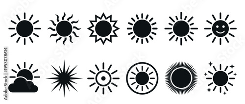 Twelve distinct black sun icons with various ray designs, including a smiling sun and a sun partially obscured by a cloud, presented in a clean vector illustration style