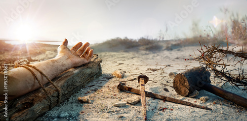 Crucifixion Of Jesus - Christ On Wooden Cross With Crown Of Thorns On Calvary Hill
