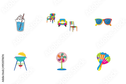 Colorful summer with a drink and grill chairs sunglasses