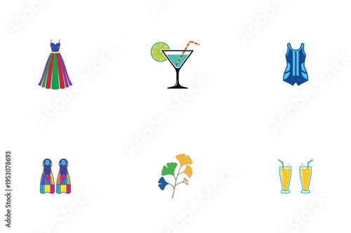 Summer including a dress and a cocktail with a lime wedge swimsuit flippers plant