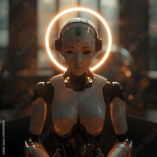 A futuristic robot with a glowing halo sits in a dark room with a blurred background