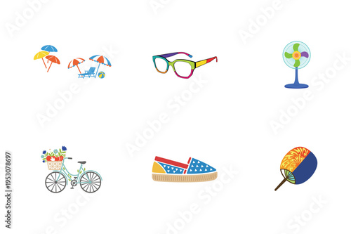 Summer including a beach scene with umbrellas and a bicycle with flowers chair sunglasses