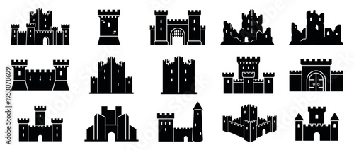 Fifteen distinct black silhouette castle icons are presented, showcasing various architectural styles from complete fortresses to ancient ruins in a flat, iconic design