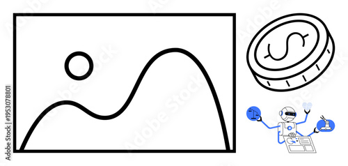Artificial intelligence, data analysis, technology development, digital economy, automation, and fintech. Robot working with graphs, coin and digital elements. AI analysis and data interpretation