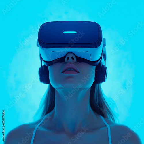 A woman wearing a virtual reality headset and headphones in a blue-lit environment